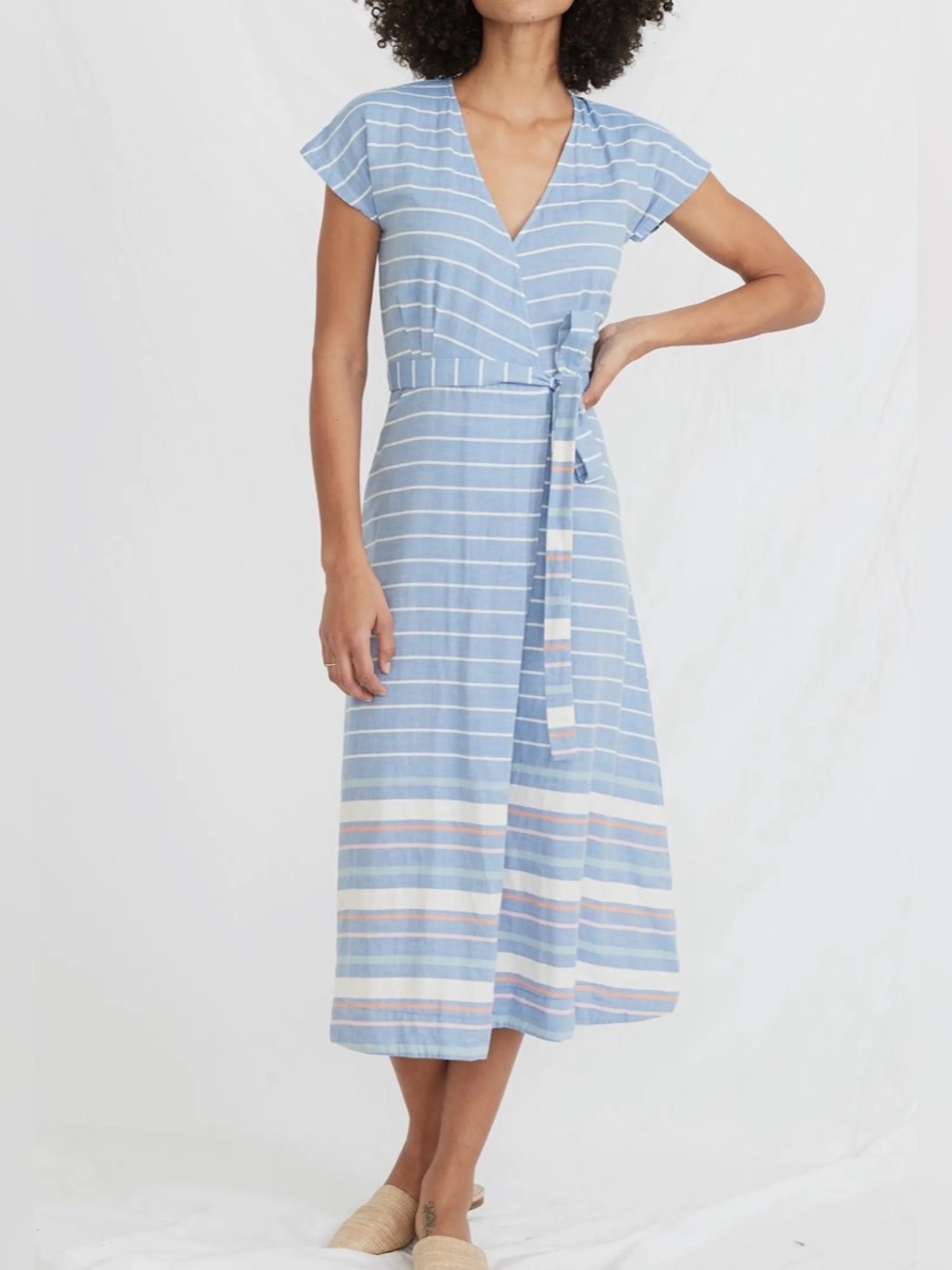Marine Layer Light Blue and White Striped Wrap Midi Dress
